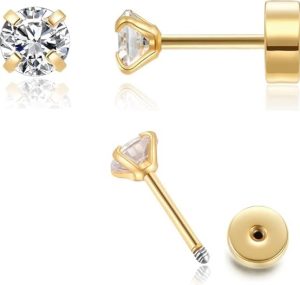 Renkovte Flat Screw Back CZ Stud Earrings
