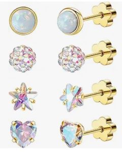 Enticera 4Pairs 14K Gold Stud Earrings