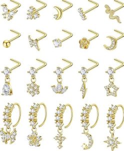 SOMEITIA 20PCS Surgical Steel Dangle Nose Rings