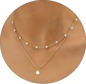 Klenai Gold Pearl Necklace for V Neck Dress