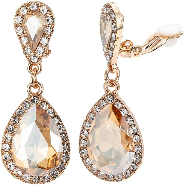 Classic Austrian Crystal Teardrop Clip on Dangle Earrings for Women No