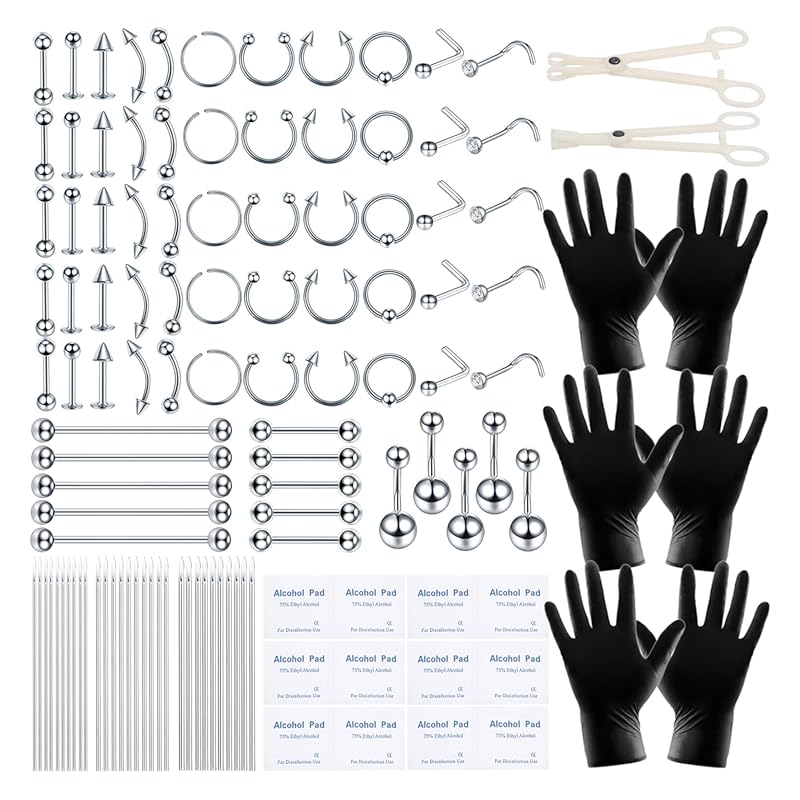120pcs Surgical Steel Body Piercing Kit 14G 16G 20G Rings Needles Glov