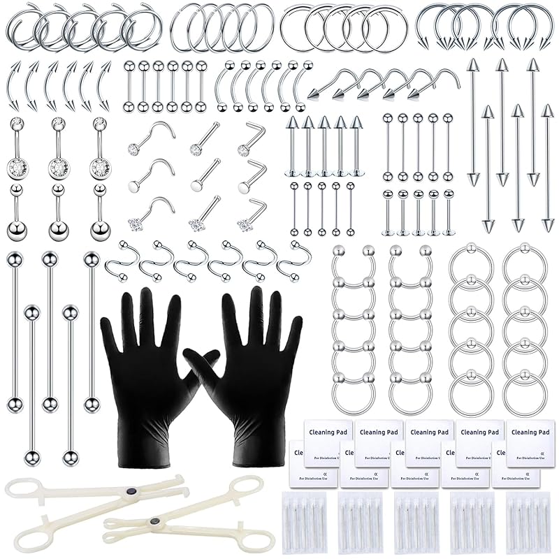 TKKUY 153Pcs Professional Piercing Kit 12G-20G Needles 316L Steel Jewe