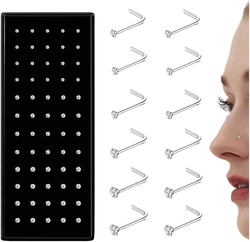 THUNARAZ Straight L-Shaped Stainless Steel Nose Studs Rings 20G-22G 1.