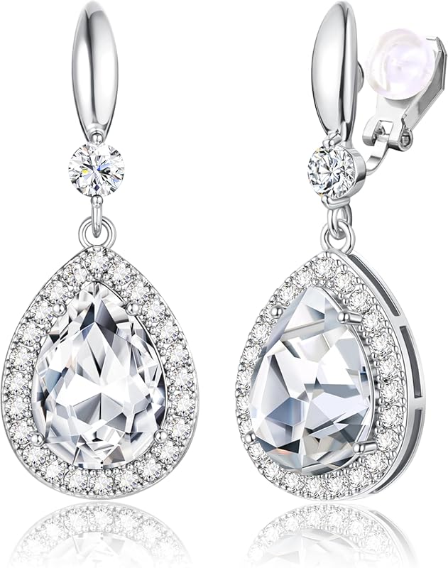 THUNARAZ Sparkling Teardrop Clip on Earrings for Women Rhinestone Cubi