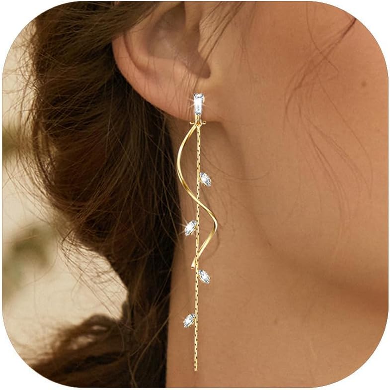 14K Gold Silver Plated Long Tassel Drop Clip on Leaf Earrings for Wome