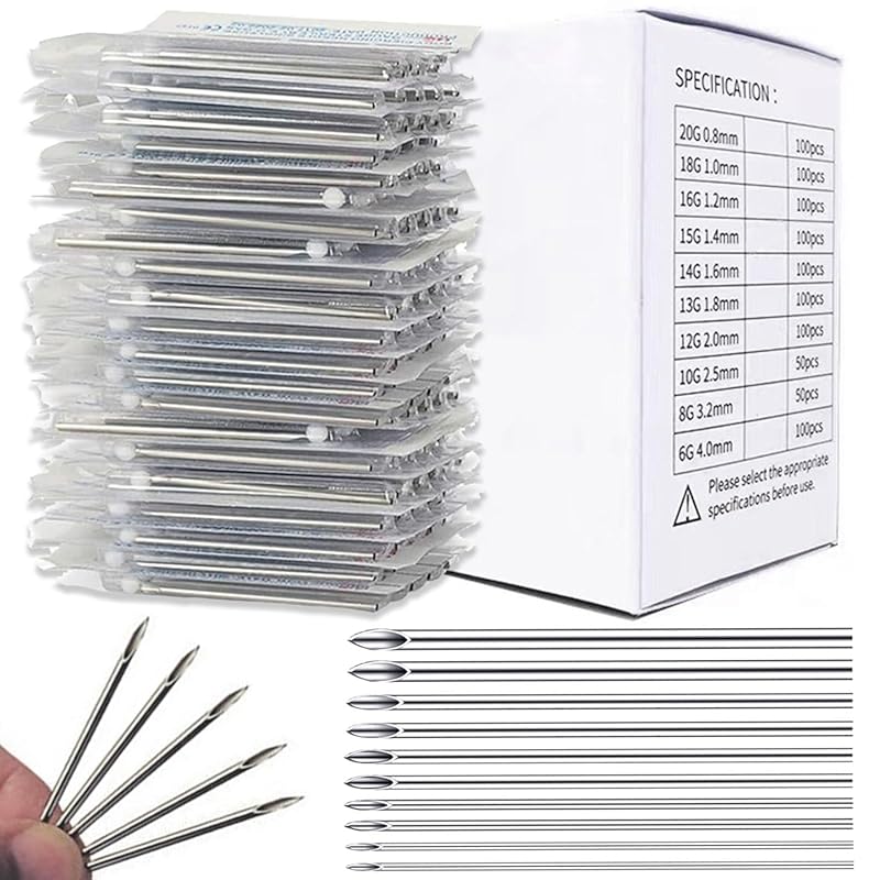 Usiriy 100pcs Mixed 20G-12G Hollow Piercing Needles Kit for Ear Nose L