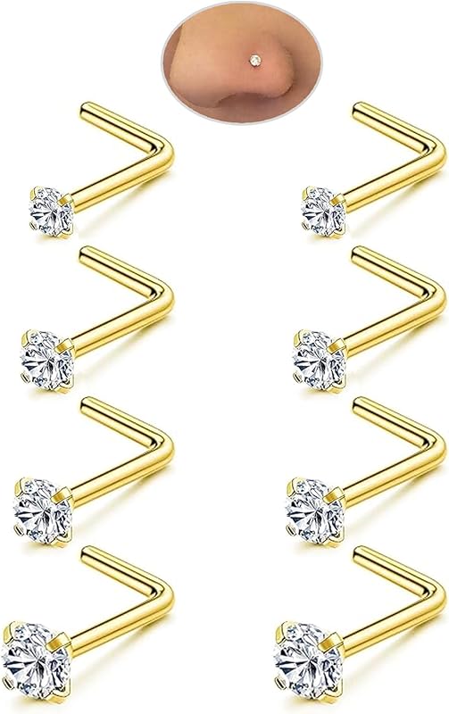 8-Piece 18G-22G Hypoallergenic Gold/Silver 316L Surgical Steel L-Shape