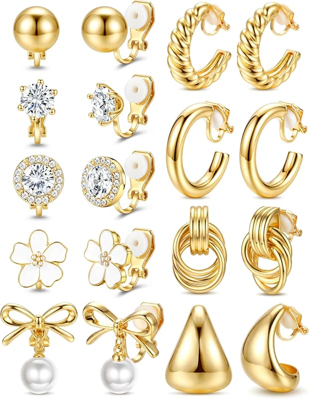 LOLIAS 14K Gold Plated Clip-On Earrings Set for Women CZ Pearl Knot Tw