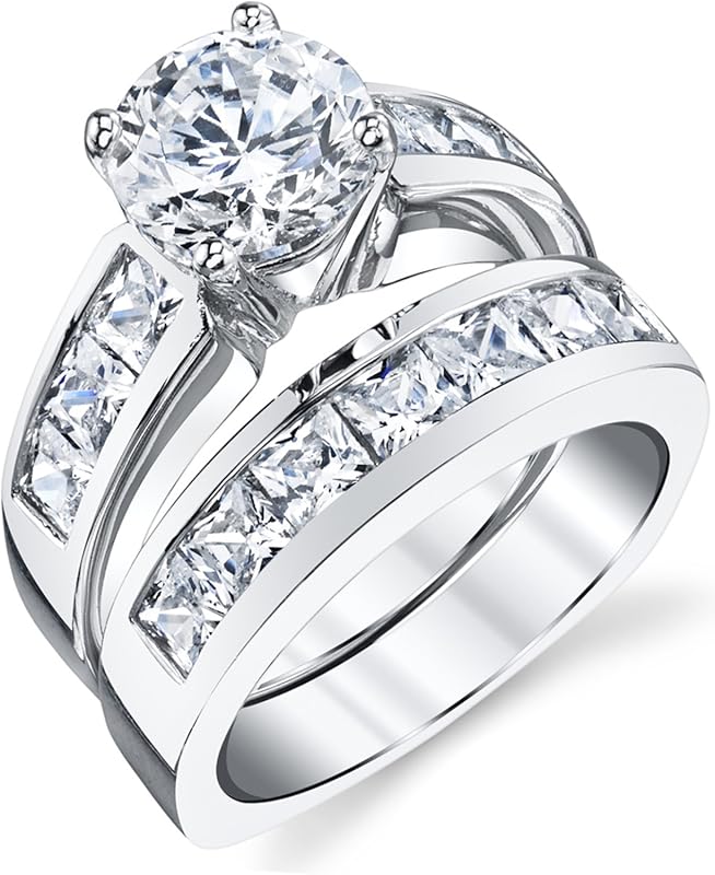 2 Carat Sterling Silver Bridal Set with Round & Princess Cut Cubic Zir