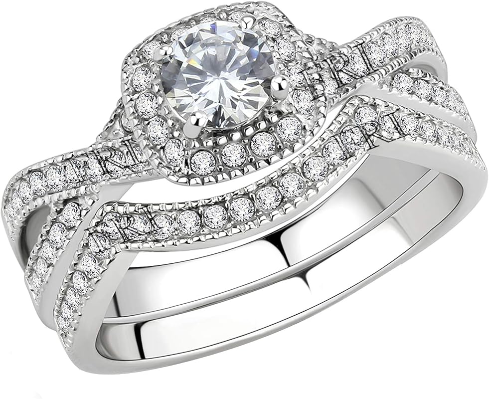 Stainless Steel Infinity Wedding Set with Round CZ Cubic Zirconia Halo