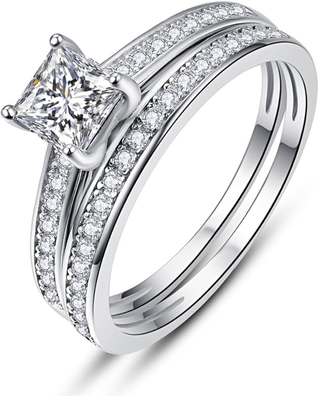 AVECON 1.35ct Princess Cut CZ Sterling Silver Engagement Ring Set Size