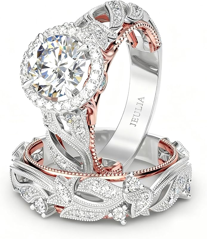 Jeulia Rose Gold 925 Sterling Silver Halo Engagement Ring with CZ Soli