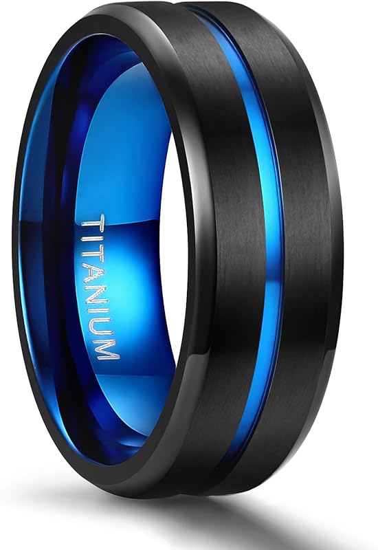 TIGRADE Black and Blue Two-Tone Titanium Wedding Band, 6-10mm Matte Fi