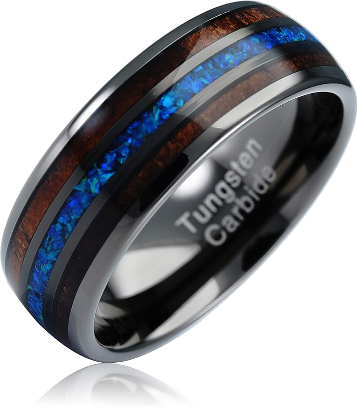 100S JEWELRY Gunmetal Tungsten Ring with Koa Wood & Sapphire Opal Inla
