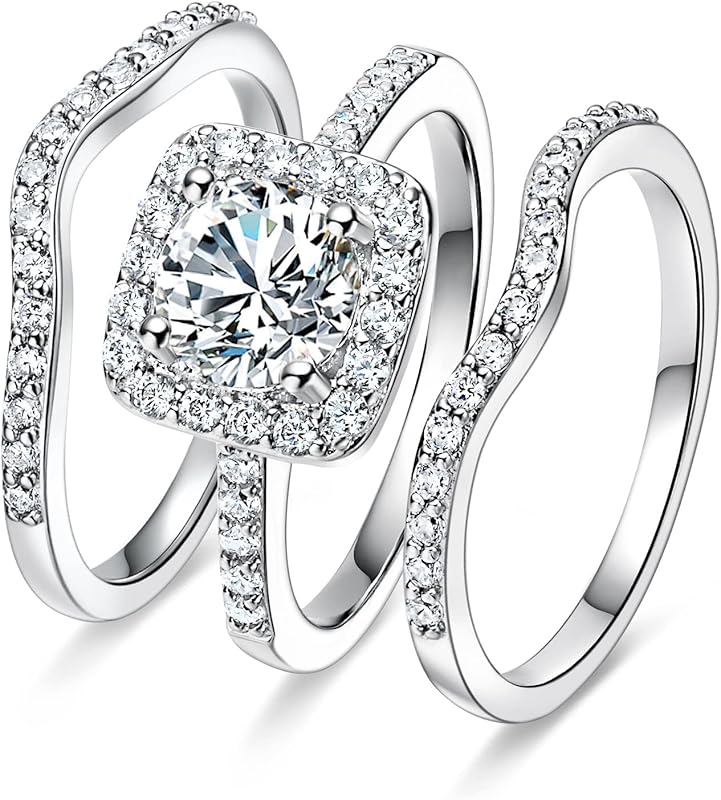 MDFUN 18K White Gold Plated Halo Cubic Zirconia Three-in-One Wedding E
