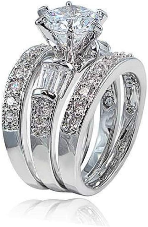 925 Sterling Silver Emerald Cut CZ Engagement Ring Set with Vintage Pr