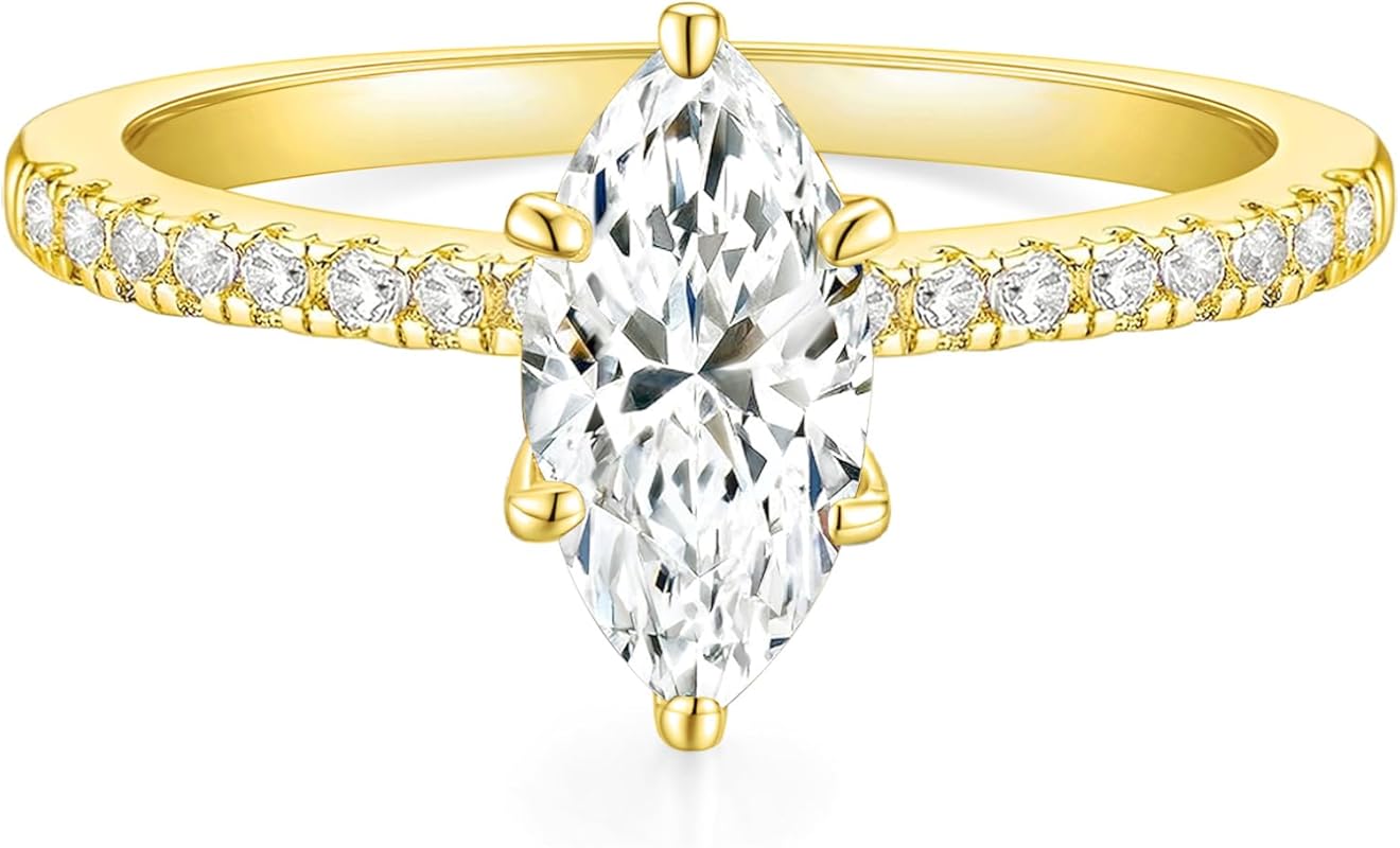 TIGRADE 2CT Marquise Cut Cubic Zirconia Engagement Ring, Gold Plated W