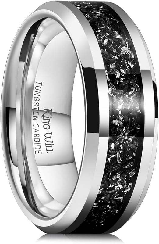 King Will Mens Meteorite Tungsten Wedding Band, 6mm/8mm Beveled Edge B