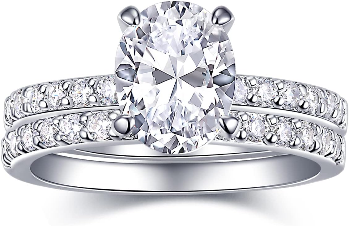 2 Carat Oval Cubic Zirconia Engagement Ring Set, 18K White Gold Plated