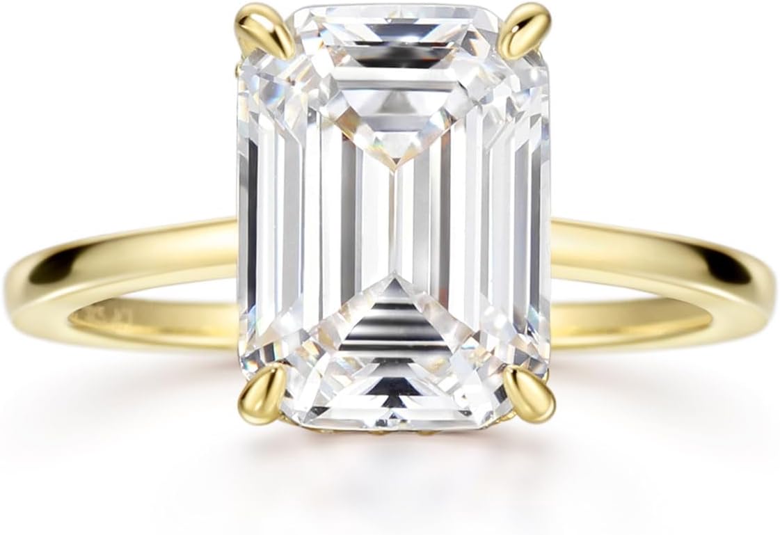 18K Gold Plated Sterling Silver 4ct Emerald Cut Cubic Zirconia Engagem