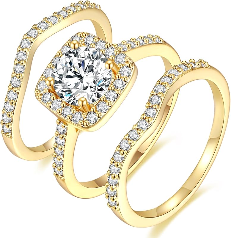 MDFUN 18K Yellow Gold Plated CZ Halo Engagement Wedding Eternity Ring 