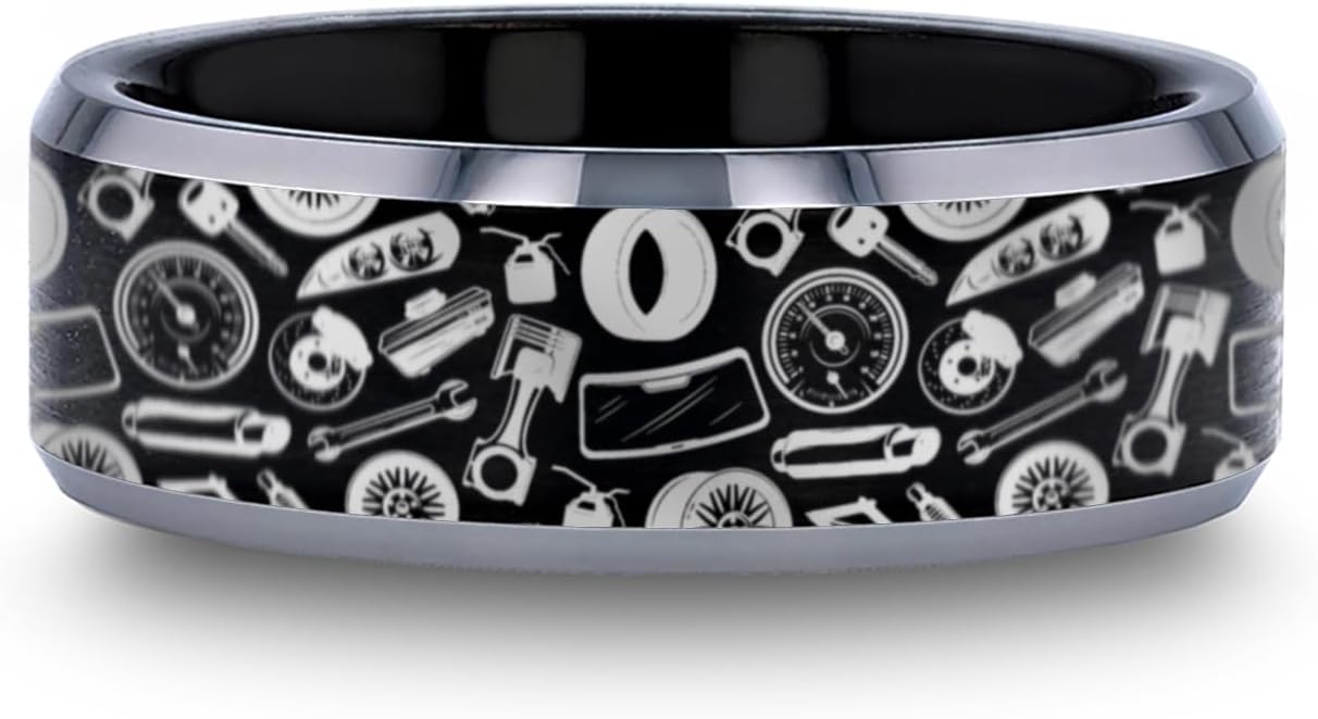 Car Mechanic Wedding Band with Wrench & Auto Parts Design, Perfect Spa