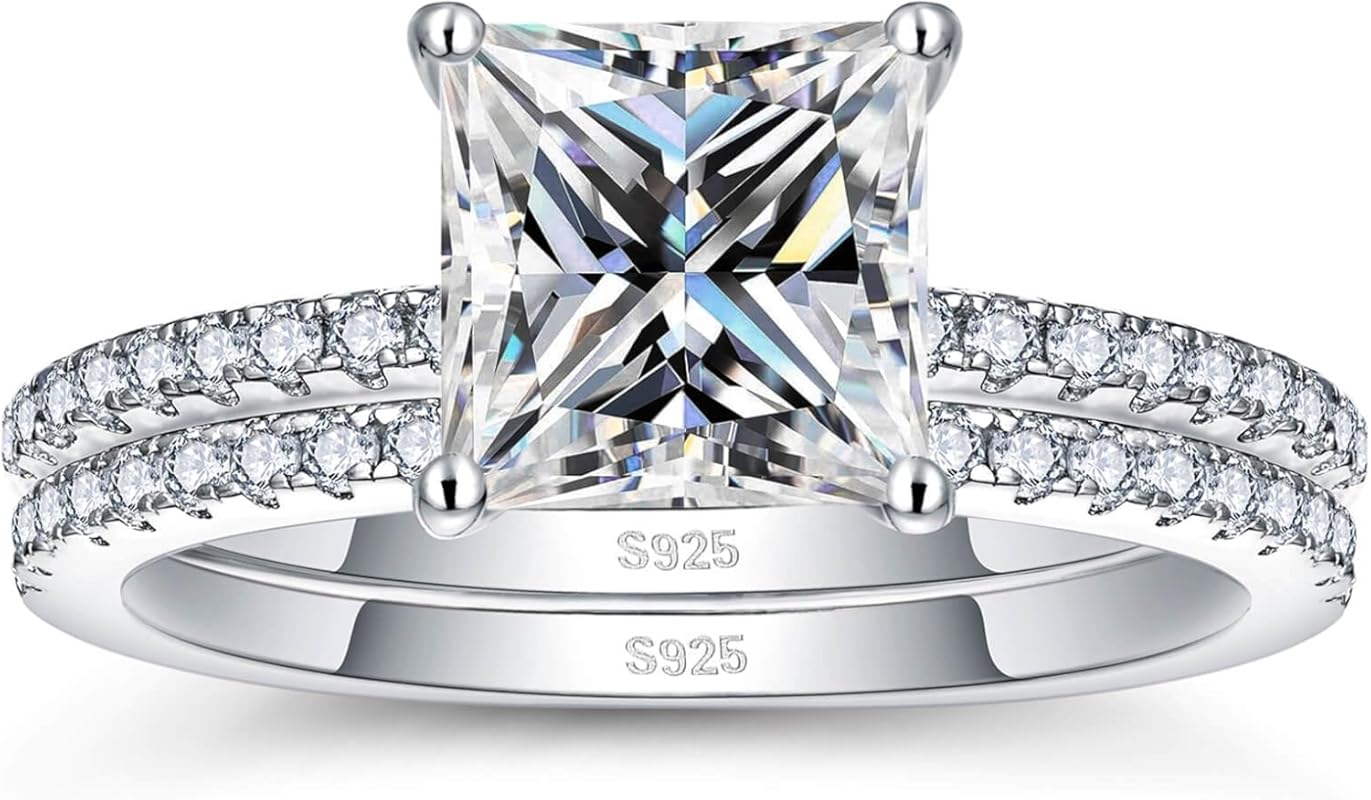 WES 1CT-2CT D Color VVS1 Princess Cut Moissanite Wedding Ring Set in S