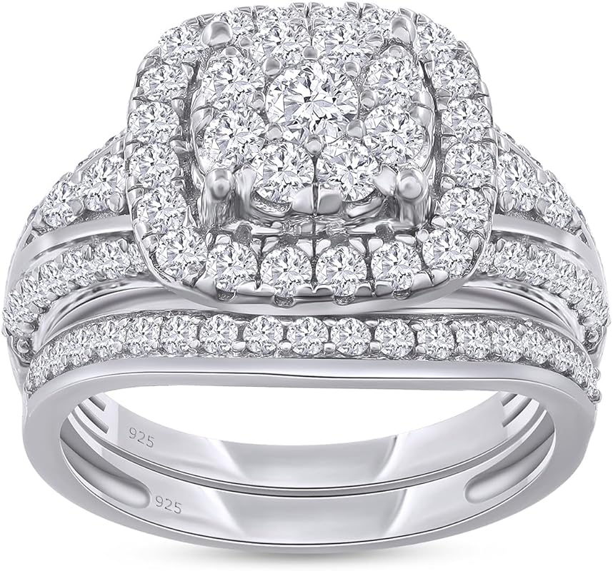 Double Halo Bridal Ring Set with Moissanite or Lab Diamond, 14k Gold P