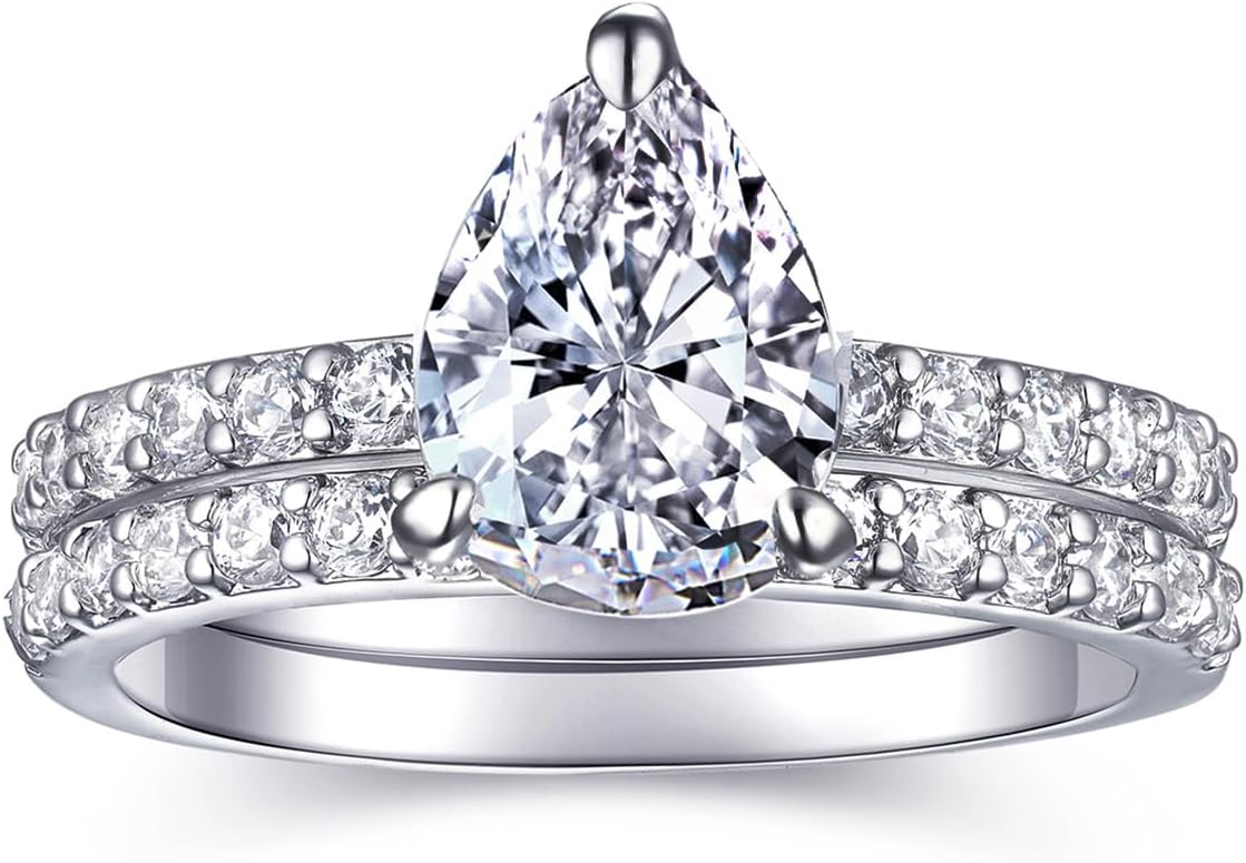 2 CT Teardrop Pear Cut Engagement Rings for Women, 18K White Gold Plat