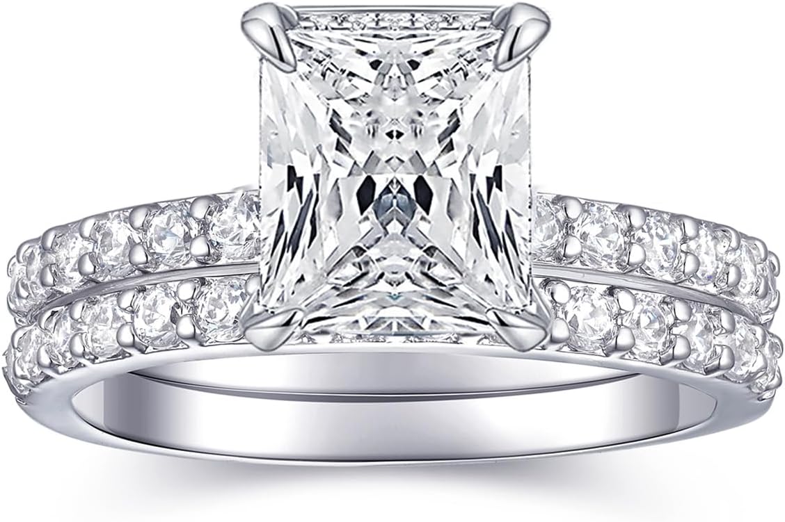 2 CT Radiant Cut Cubic Zirconia Engagement Ring Set, 18K White Gold Pl