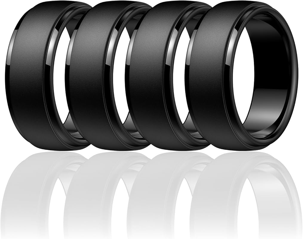 Egnaro 10mm Classic Black Step Edge Silicone Wedding Rings - 2.5mm Thi