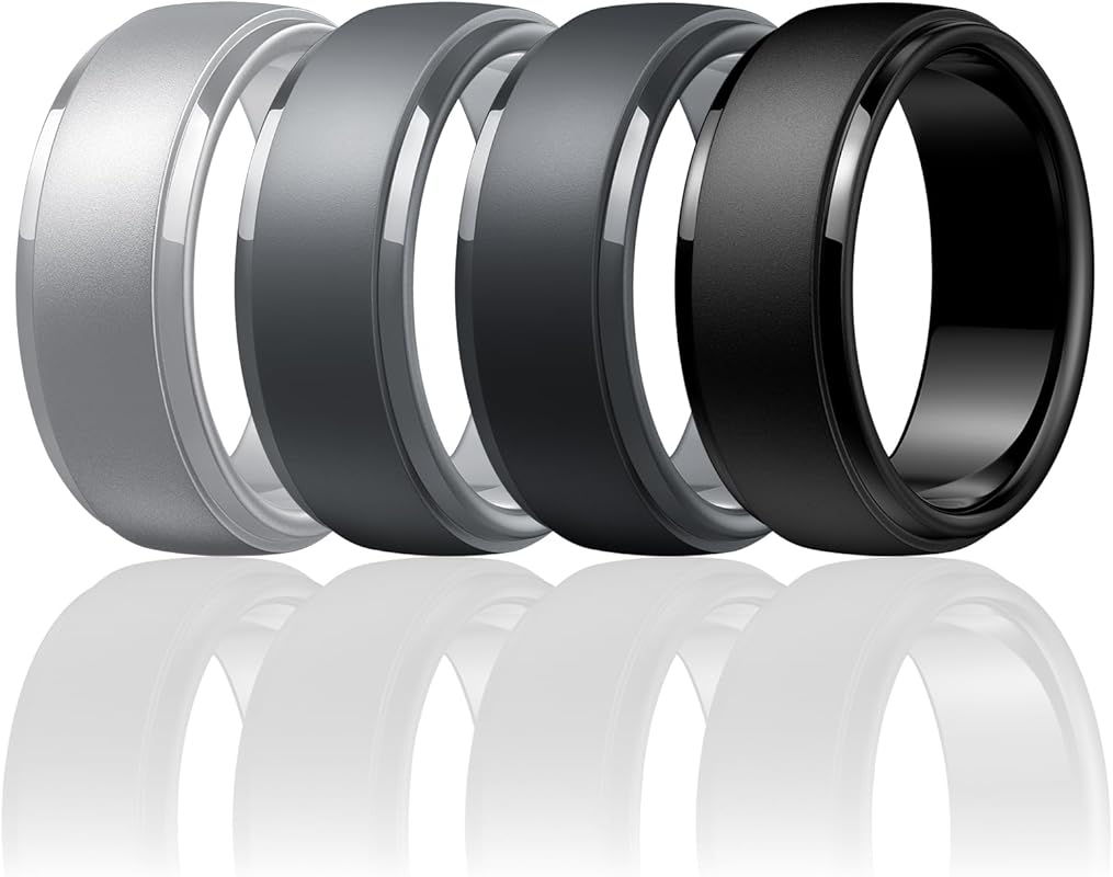 Egnaro 10mm Classic Black Step Edge Silicone Wedding Rings - 2.5mm Thi