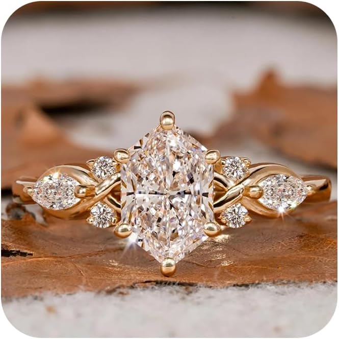 14K Gold Plated Marquise Cut Engagement Ring with Cubic Zirconia for W