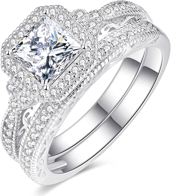 AVECON 1.2CT Princess Cut CZ Engagement Ring in White Gold Plated Halo