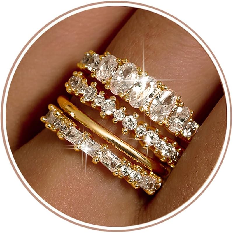 LOLIAS 14K Gold Plated Stackable Cubic Zirconia Rings Non-Tarnish Wedd