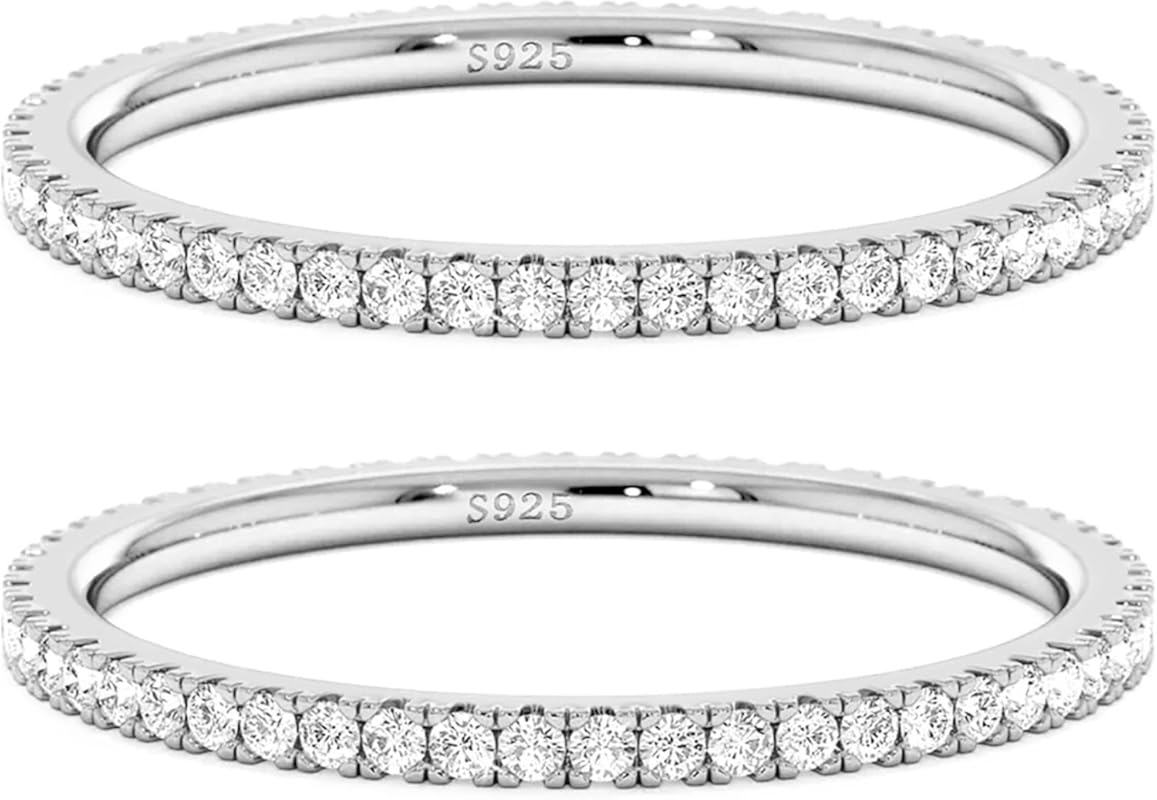 Luxurious 925 Sterling Silver 2mm Stackable Wedding Bands with Cubic Z