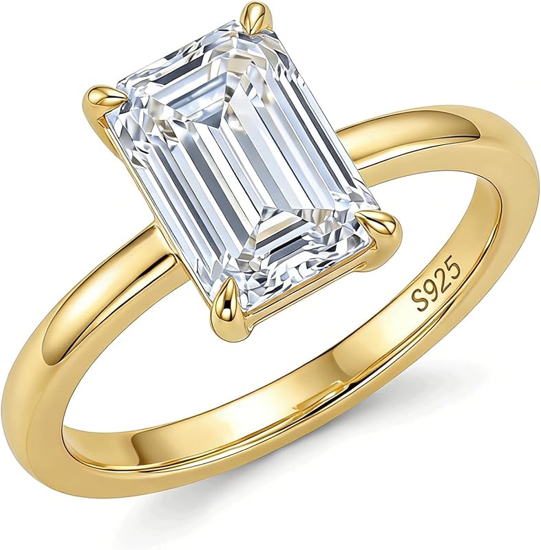 14K Gold Plated Sterling Silver Engagement Ring with Emerald Cut Cubic
