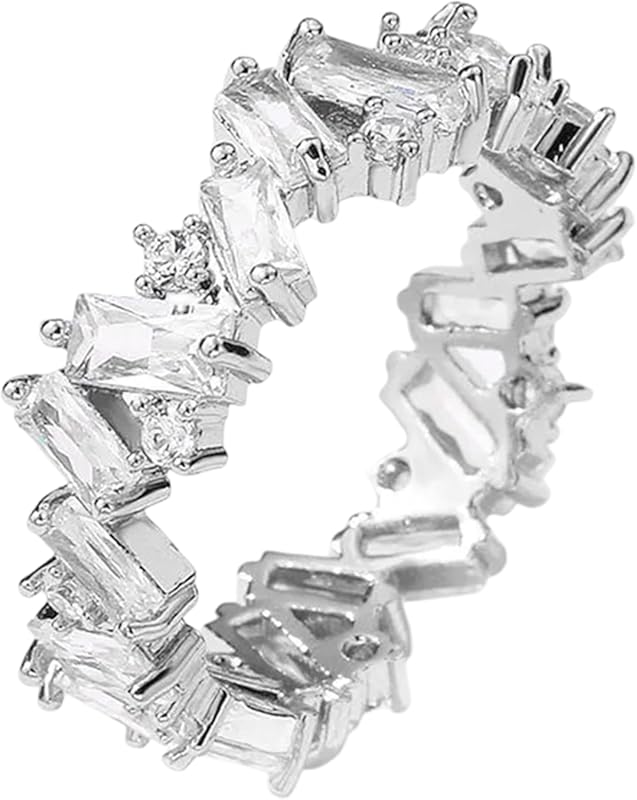 Emerald Cut Cubic Zirconia Eternity Ring for Women, Stackable Wedding 