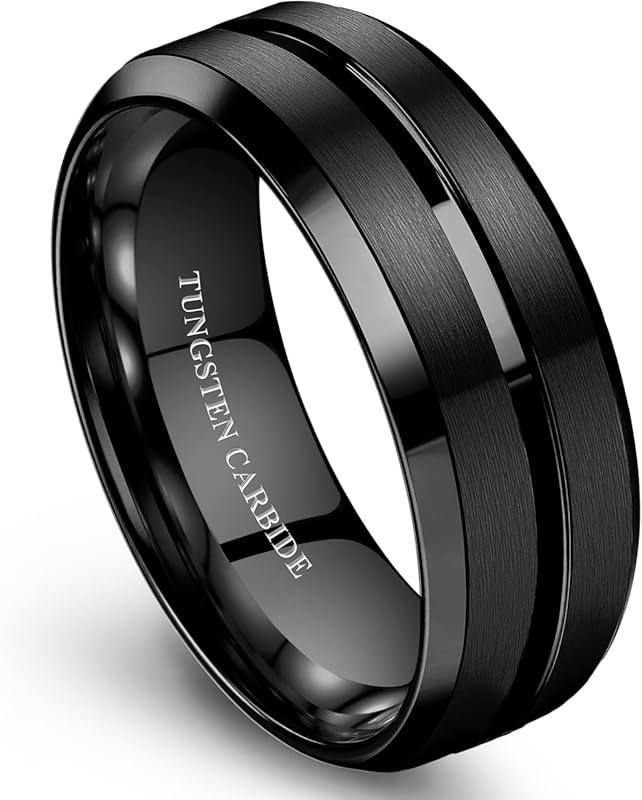 Jstyle Men’s Tungsten Wedding Band – 8MM Grooved Beveled Edge High Pol