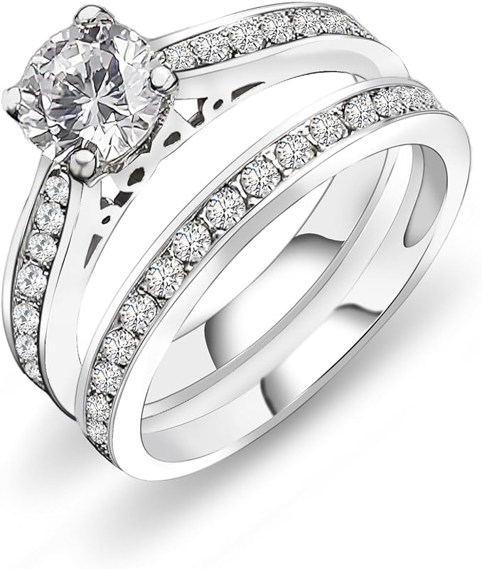 1 Carat Cubic Zirconia Wedding Engagement Bridal Ring Set with White G