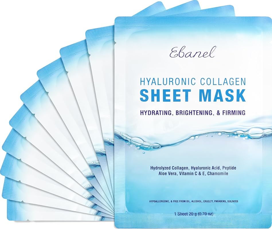 Ebanel 10 Pack Collagen Face Mask with Hyaluronic Acid, Vitamin C, and