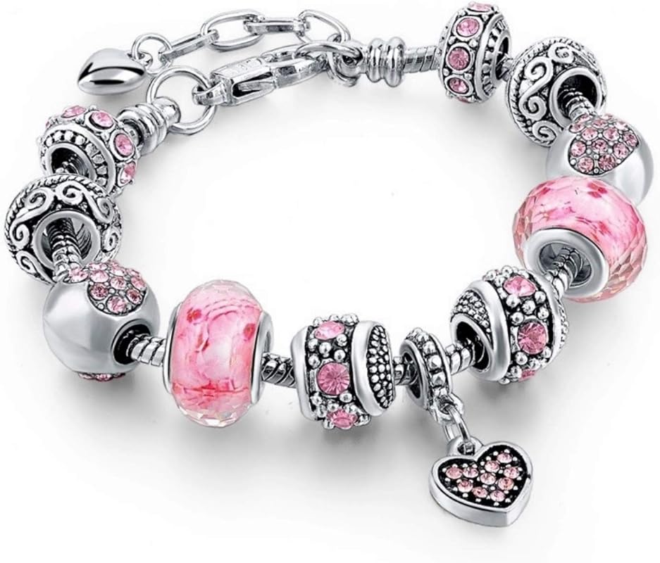 Capital Charms Pink Hearts Silver Plated Charm Bracelet Set Adjustable