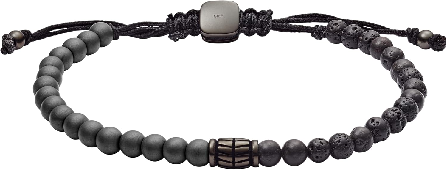 Fossil Men's Stainless Steel Genuine Leather Beaded Bracelet for Men