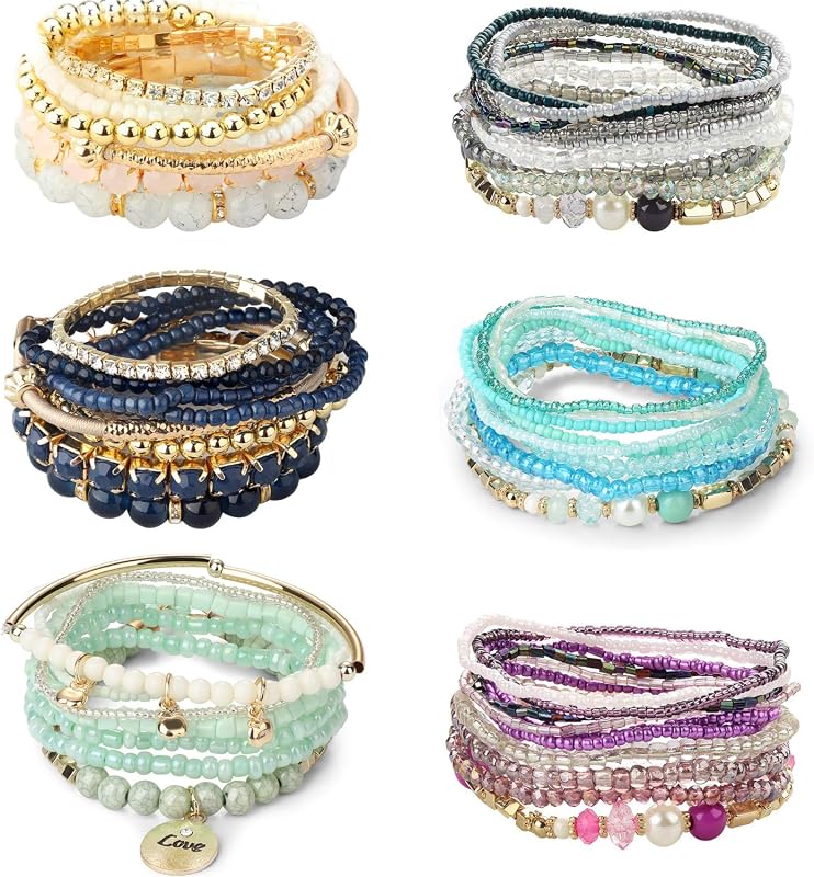 LOYALLOOK 6-Piece Bohemian Stretch Stackable Beaded Bracelet Set for W
