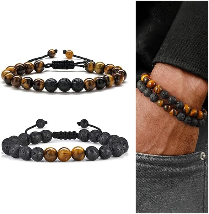 M MOOHAM 8mm Tiger Eye Matte Agate Lava Rock Natural Stone Beaded Brac
