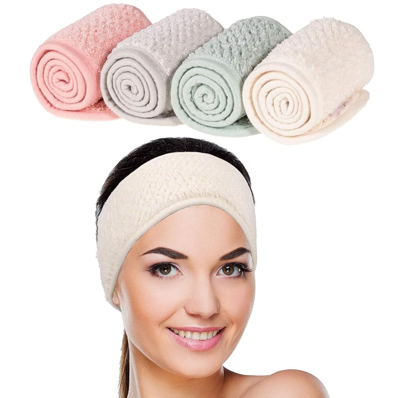 Whaline 4 Pack Soft Adjustable Spa Facial Headbands for Face Washing,