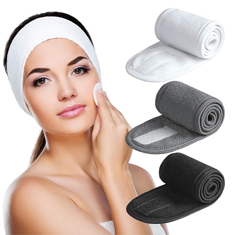 Denfany 3 Pack Ultra Soft Adjustable Terry Cloth Spa Headbands for Fac