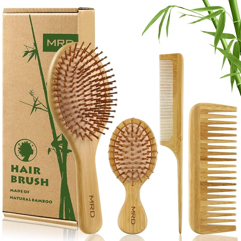 MRD Natural Bamboo Hair Brush Set: Paddle Detangler, Wide-Tooth & Tail