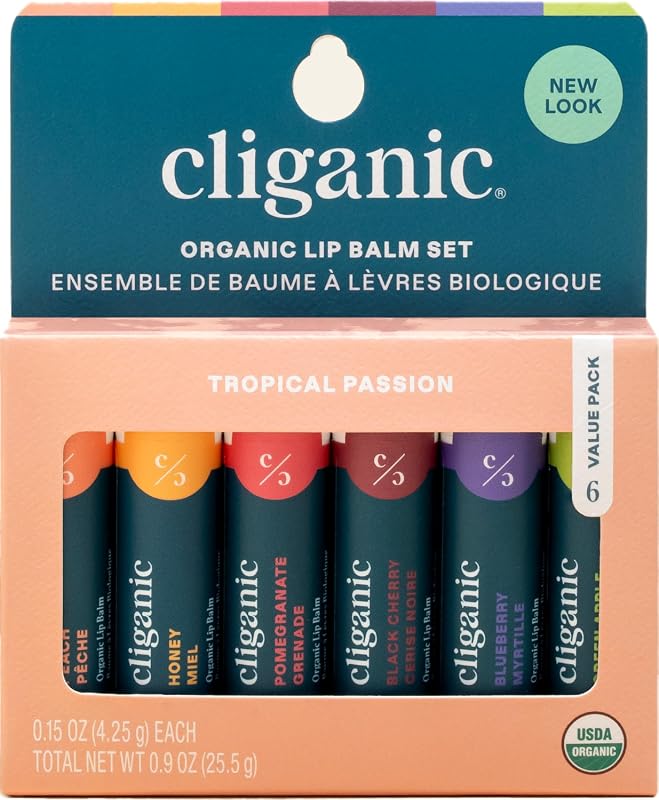 Cliganic Organic Lip Balm Set - 6 Tropical Flavors - 100% Natural Mois